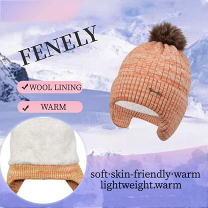 FENELY Women's Knitted Warm Beanie Winter Hat, Warm Chunky Snow Hat with Pompom - color: Orangespacedye