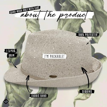 Funky Junque Short Brim Fedora Packable Sun Hat for Women - color: Sequin - Cream