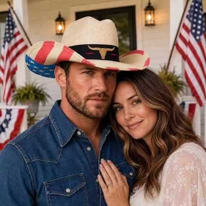 Cattleman Straw Western Cowboy Hat for Men Women, American Flag Hat - size: Large