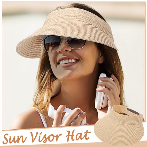 Chicingyou Sun Visor Hat for Women Wide Brim Straw Visors Beach Hat Ponytail UV UPF Packable Foldable Travel - color: Khaki