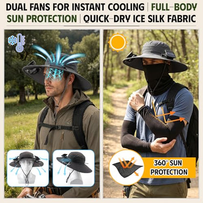 Syhood Solar Powered Fan Hat Neck Gaiter Arm Sleeves Sun Bucket Hat with Fan Cooling Wide Brim Hats for Fishing Hiking - color: Dark Gray, Black, style: Breathable
