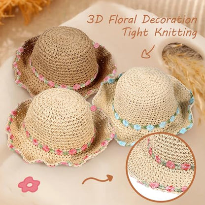 Girls Straw Hat with Flower Round Sunglasses, Summer Foldable Large Brim Sunflower Bowknot Beach Toddler Straw Sun Hat, 2-6T - color: Beige-pink Flower