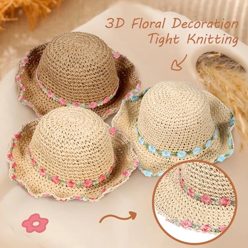Girls Straw Hat with Flower Round Sunglasses, Summer Foldable Large Brim Sunflower Bowknot Beach Toddler Straw Sun Hat, 2-6T - color: Beige-blue Flower