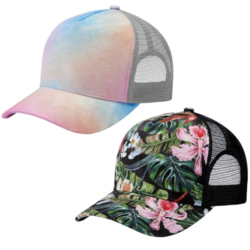 Suede Curved Brim Trucker Cap Adjustable Snapback Hat Mesh Back Breathable for Men Women 2 Pack SH03 - color: Pack of 2, Black/Tropical Flower Camo & Rosy Clouds