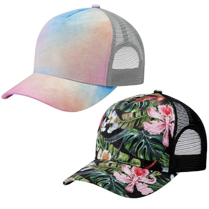 Suede Curved Brim Trucker Cap Adjustable Snapback Hat Mesh Back Breathable for Men Women 2 Pack SH03 - color: Pack of 2, Black/Tropical Flower Camo & Rosy Clouds