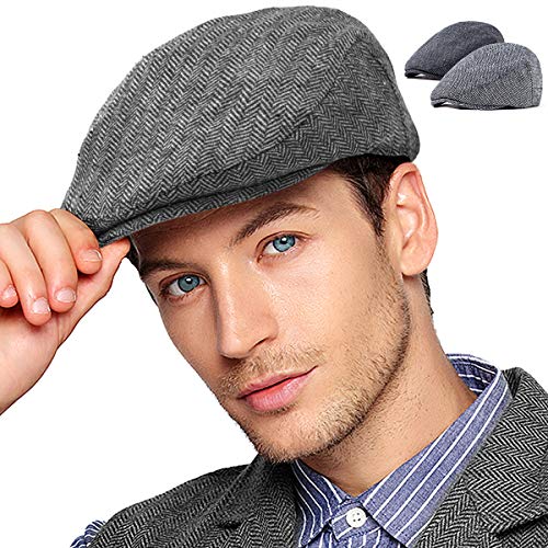 2-Pack Adjustable Newsboy Hats for Men Flat Cap Irish Wool Blend Tweed - color: 001 Black+grey 2pack, size: Small-Medium