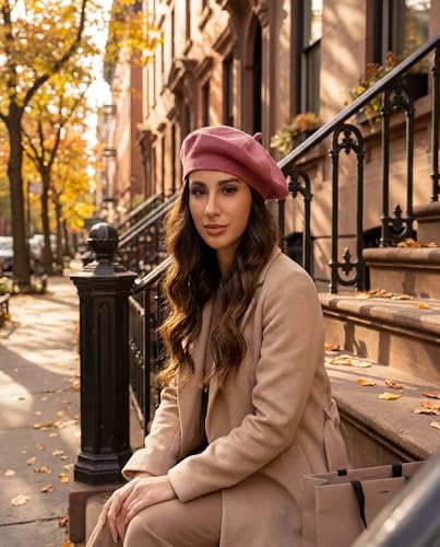 Women's Knitted Beret, French Style Double Layer Winter Autumn Warm and Soft Beanie Hat Cap - color: Z-pink