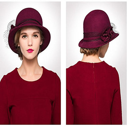 Maitose™ Women's Wool Felt Bowler Hat - color: Wine Red