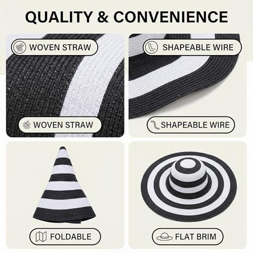 Women's Beachwear Sun Hat Black and White Striped Straw Hat Floppy Beach Hat Foldable Wide Brim Cap