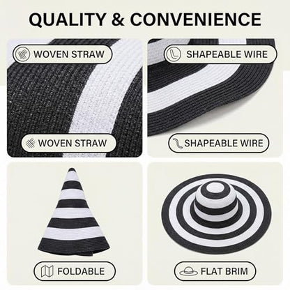 Women's Beachwear Sun Hat Black and White Striped Straw Hat Floppy Beach Hat Foldable Wide Brim Cap