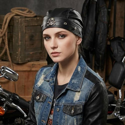 Leather Biker Skull Cap for Women Adjustable Skull Motorcycle Hat with Snug Fit, Stylish Biker Head Wrap & Riding Cap - color: Skull