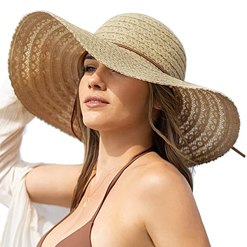 Sun Beach Hats for Women Summer Floppy Wide Brim Sunhat Packable Foldable Lace Travel Vacation - color: Khaki, size: Medium
