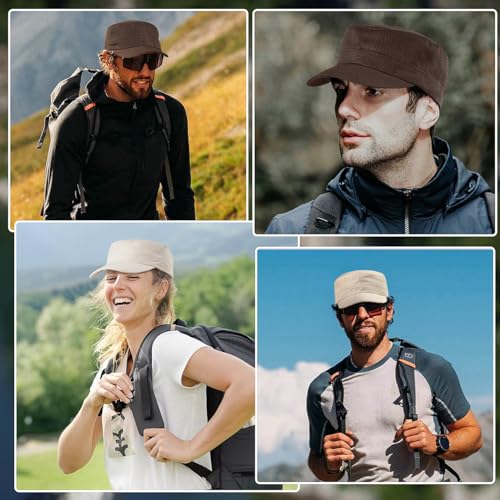 Glamorstar Unisex Cadet Army Hats 4 Pieces Military Flat Top Newsboy Cap - color: 2 Beige + 2 Brown