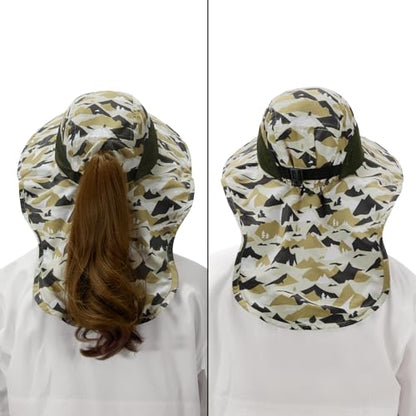 BASSDASH UPF 50+ Unisex Water Resistant Wide Brim Sun Hat with Large Neck Flap Ponytail Fishing Hat for Men Women - color: Mountain Camo/Amy Green
