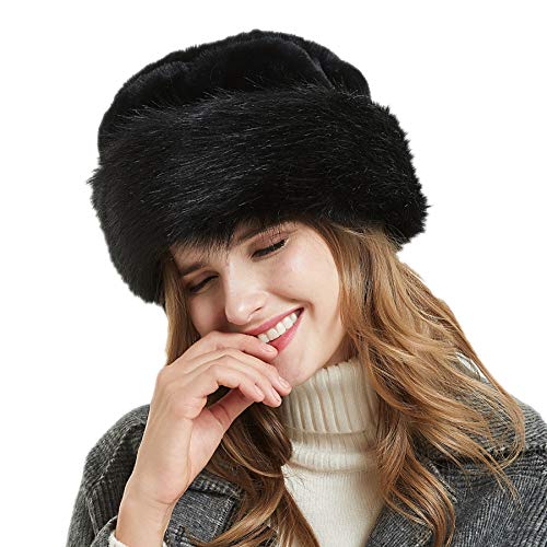 sy soul young Women's Leopard Faux Fur Hats Fluffy Bucket Hat Russian Style - color: Black
