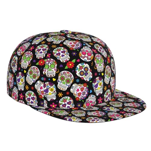 Skull Snapback Hat for Men Women, Stylish Flat Bill Hat Baseball Caps Adjustable Flat Brim Hip Hop Trucker Hats Sun Cap - color: Sugar Skull 13