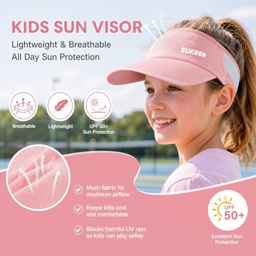 Sukeen Kids Sun Visor Hat for Girls Boys UPF50+ Lightweight Cooling Stretchable Packable Sun Hat - color: Pink
