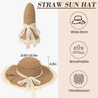 Beach Hats for Women, UPF 50+ Packable Floppy Lace Trim Sun Hat - color: Khaki