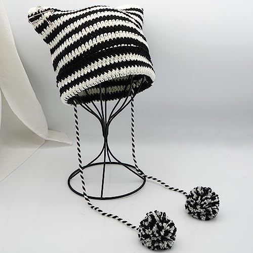 XYIYI Crochet Hats for Women Fox Knit Hat with Pompoms Grunge Goth Accessories Slouchy Beanies for Women Girls - color: Black White