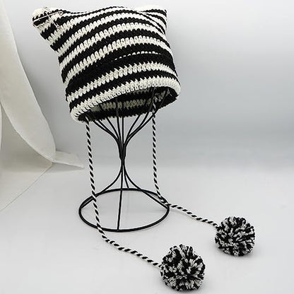 XYIYI Crochet Hats for Women Fox Knit Hat with Pompoms Grunge Goth Accessories Slouchy Beanies for Women Girls - color: Black White