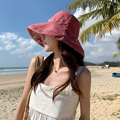 HUAMULAN Wide Brim Women Summer Sun Floppy Hat Reversible Beach Bucket Hat - color: M1744-jiuhong