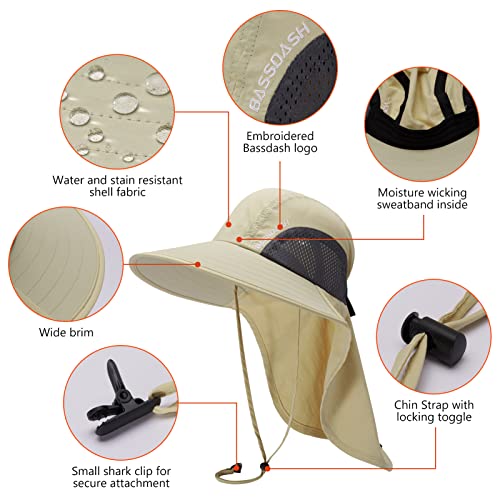 BASSDASH UPF 50+ Unisex Water Resistant Wide Brim Sun Hat with Large Neck Flap Ponytail Fishing Hat for Men Women - color: Cream