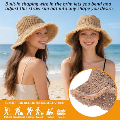 Women's Straw Bucket Sun Hat, Packable Floppy Wide Brim Beach Hat - color: Khaki