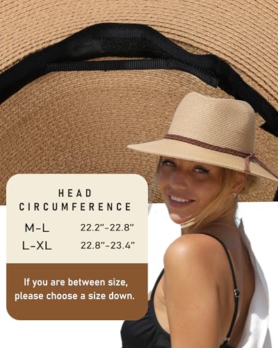 FURTALK Womens Wide Brim Sun Hat Beach Panama Fedora Straw Summer - color: Black, size: Large-X-Large