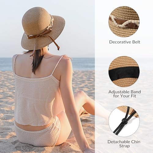 Beach Hat for Women, Wide Brim Sun Straw, UPF 50+ Foldable Floppy Sun Hat - color: E-khaki