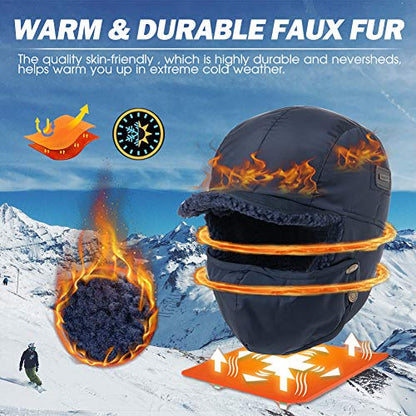 Oversized XL/XXL Waterproof Aviator Cap Faux Fur Earflap Mask Winter Trapper Hat Cold Weather - color: Navy(mask), size: Medium
