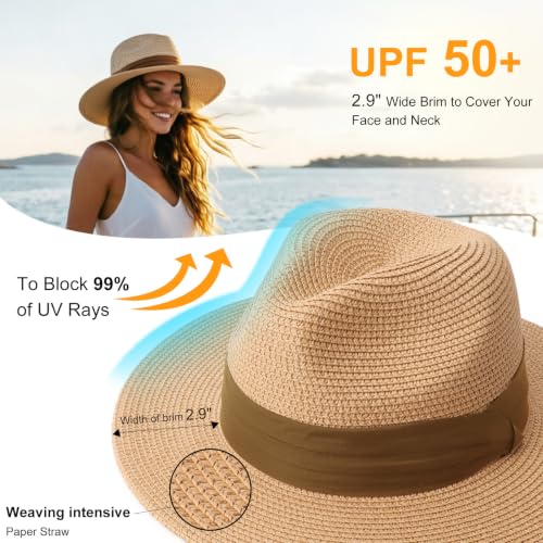 DRESHOW Women Straw Panama Hat Travel Fedora Beach Sun Hat Summer Wide Brim Straw Roll up Hats UPF 50+ - color: Fedora Hat: Khaki (Brown Ribbon)