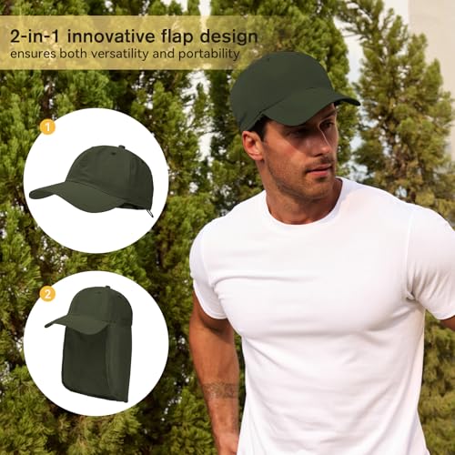 American Trends Mens Sun Hat with Neck Flap, UV Protection Outdoor Flap Hat, Packable Soft Fishing Hiking Gardening Hat - color: Green