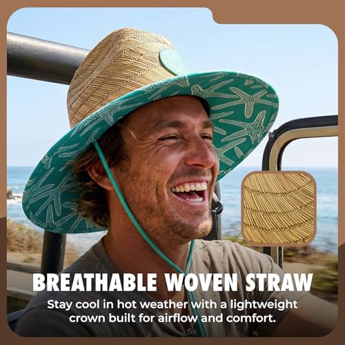grinderPUNCH Straw Sun Hat for Men Women Wide Brim Beach Fishing UPF 50 - color: Teal Starfish