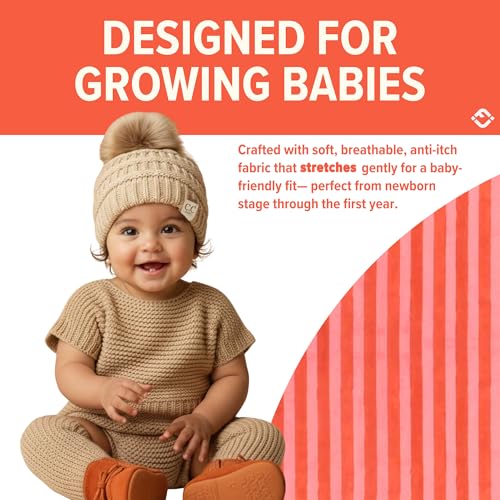 Funky Junque Baby Pom Pom Beanie – Soft Knit Infant Winter Hat for Baby Girls & Boys, Cozy Warm Newborn Beanie 0–12 Months - color: Beige - Faux Fur Pom
