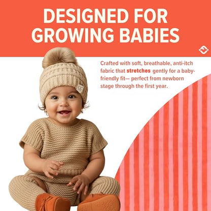 Funky Junque Baby Pom Pom Beanie – Soft Knit Infant Winter Hat for Baby Girls & Boys, Cozy Warm Newborn Beanie 0–12 Months - color: Beige - Faux Fur Pom
