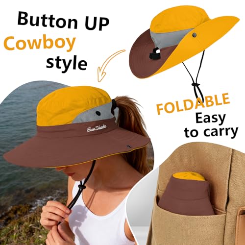 ZOORON Women's Ponytail Safari Sun Hat,Wide Brim UV Protection Bucket Hat - color: 1-yellow