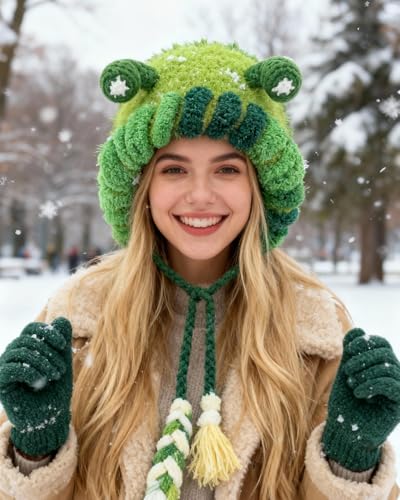 MINGSEECESS Women Girls Knitted Beanie Hat Crochet Braided Knit Warmer Cap Skiing Snowboarding Ear Flap Hats - color: Novelty-green