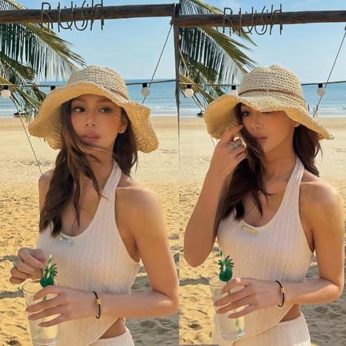 Women Straw Sun Hat Summer Beach Hats Foldable Floppy Cap Wide Brim Bucket Hat Solid Handmade Sun Protection Caps - color: Beigea