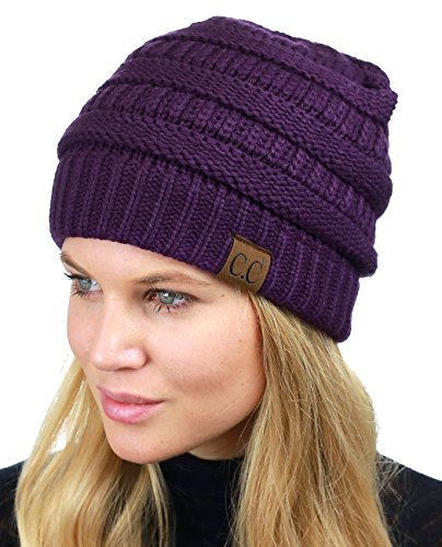 C.C Unisex Chunky Soft Stretch Cable Knit Warm Fuzzy Lined Skully Beanie - color: Purple