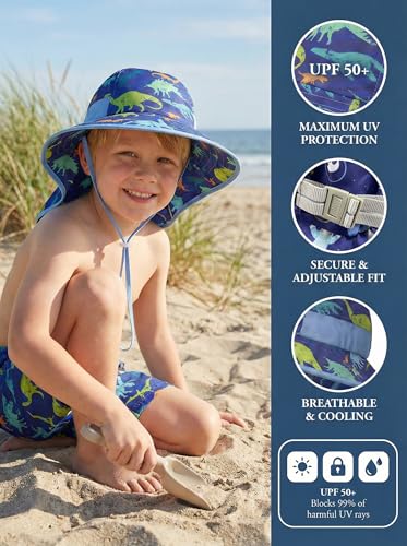 icolor Kids Sun Hat UPF50+ Sun Protection Bucket Hat Toddler Summer Beach Play Hats with Neck Flap for Girl Boy Ages 3~10 - color: Littledinosaur