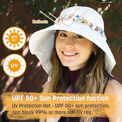 Solaris UPF 50+ Wide Brim Sun Hat for Women - Small Size Packable Lightweight, Floral Scarf Cooling Hat with Neck Flap - color: White-round
