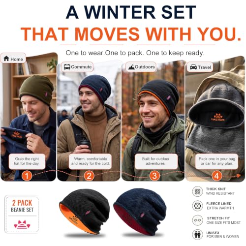2 Pack Fleece Lined Beanie Hat Reversible Knit Skull Cap for Men Women - color: Black+blue