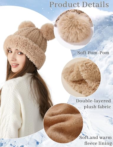 FEOYA Womens Knit Winter Beanie Hat with Faux Fur Pompom Fuzzy Cute Knit Fleece Lined Skull Cap - color: Khaki
