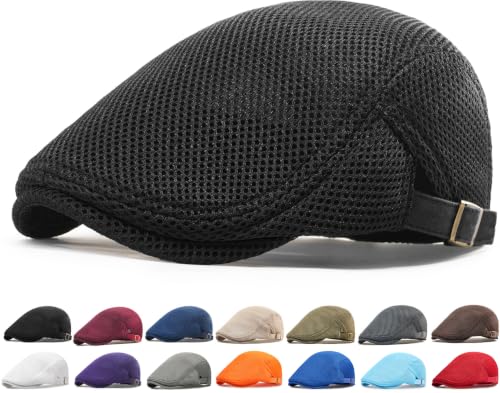 Initlove Mens Mesh Newsboy Cap Breathable Beret Ivy Hat Cabbie Driving Hats for Women - color: Black
