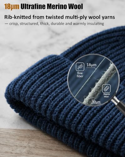 100% Merino Wool Fisherman Beanies for Men Winter Beanie Skull Cap - color: Dark Blue