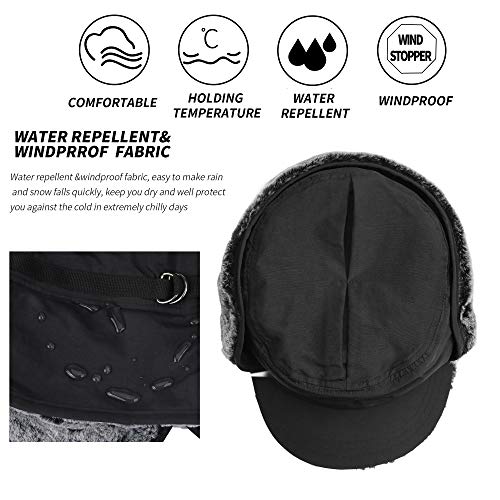 Mens Winter Hat with Ear Flaps Trapper Hats Windproof Ski Warm Fully Lined Faux Fur Baseball Cap for Women - color: Black