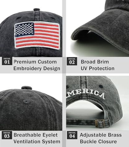 2-Pack USA Flag Hats for Men Baseball American Flag Hats for Men USA Cap USA Tactical Washed for Women - color: Black+nany