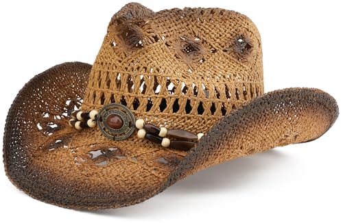 Straw Cowboy Hat for Women and Men with Shapeable Wide Brim Sun Beach Western Cowgirl Hat - color: Khaki-paint