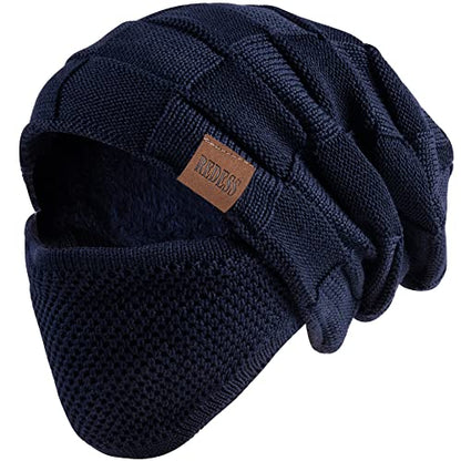 REDESS Beanie Hat for Men and Women Winter Warm Hats Knit Slouchy Thick Skull Cap with Face Cover - color: Sea Blue