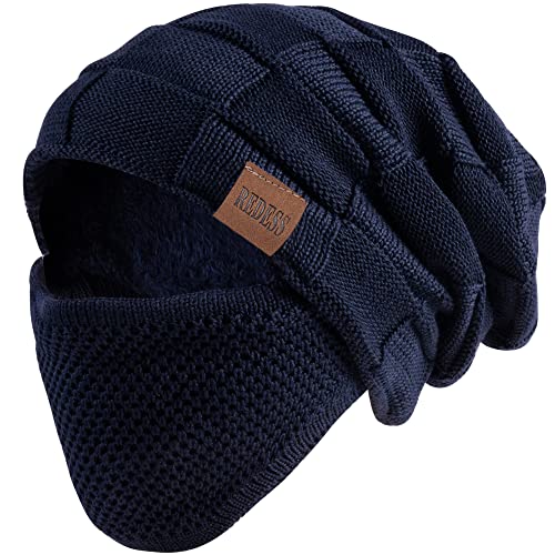 REDESS Beanie Hat for Men and Women Winter Warm Hats Knit Slouchy Thick Skull Cap with Face Cover - color: Sea Blue